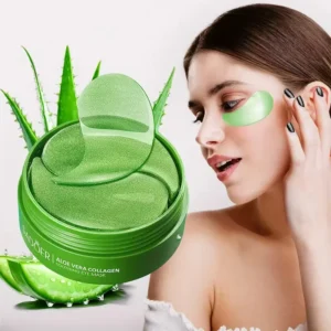SADOER Aloe Vera Collagen Eye Mask Patches jar and model wearing a soothing green patch.