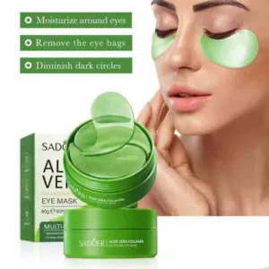SADOER Aloe Vera Collagen Eye Mask Patches in packaging and applied to a woman's face.