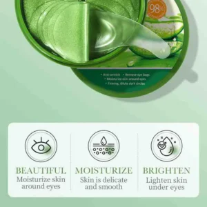 SADOER Aloe Vera Collagen Eye Mask Patches featuring green hydrogel patches and skincare benefits.