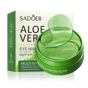 SADOER Aloe Vera Collagen Eye Mask Patches showing green hydrogel patches and product packaging.