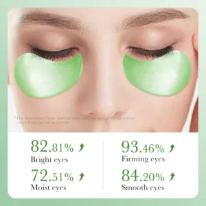 Woman wearing SADOER Aloe Vera Collagen Eye Mask Patches with firming and hydration test results.