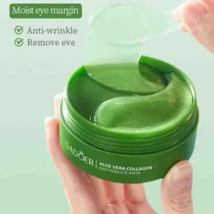 SADOER Aloe Vera Collagen Eye Mask Patches in a jar with a clear applicator spatula.
