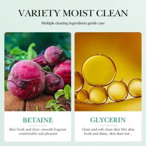 SADOER Aloe Vera Soap Bar infographic showing Betaine and Glycerin for gentle, moisturizing skin care.