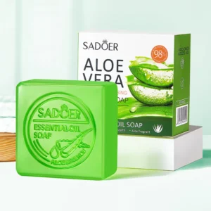SADOER Aloe Vera Soap Bar and packaging with 98% aloe vera extraction.