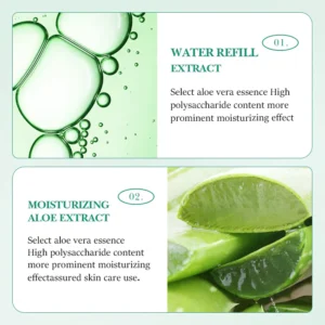 Ingredient highlights of SADOER Aloe Vera Soap Bar featuring moisturizing aloe vera extract and essence.