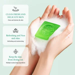 Lathered SADOER Aloe Vera Soap Bar in hands showcasing moisturizing and refreshing skin benefits.