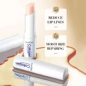 SADOER Collagen Lip Balm tubes highlighting moisture repair and lip line reduction benefits.