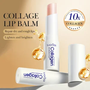 SADOER Collagen Lip Balm tubes with golden moisture droplets for repairing dry and rough lips.