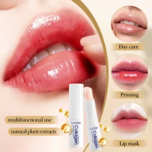 SADOER Collagen Lip Balm highlighting moisturizing results for day care, priming, and lip mask treatments.