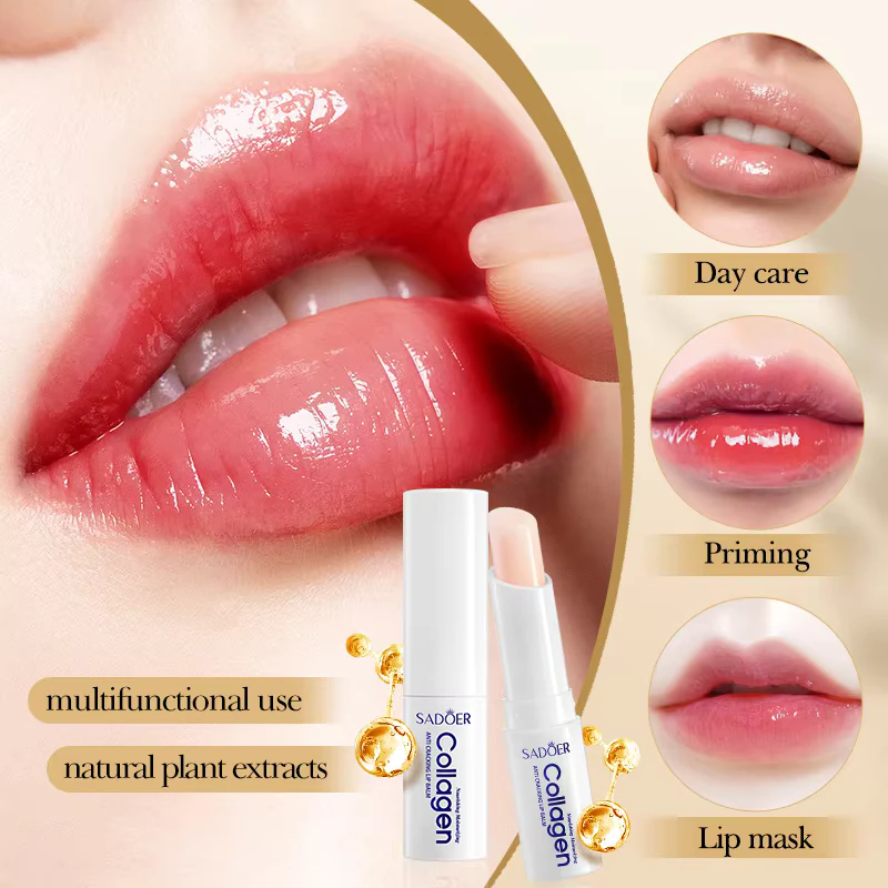 SADOER Collagen Lip Balm highlighting moisturizing results for day care, priming, and lip mask treatments.