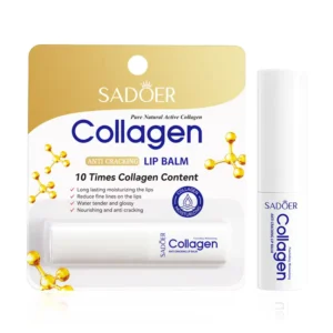 SADOER Collagen Lip Balm packaging and white tube for moisturizing lips.