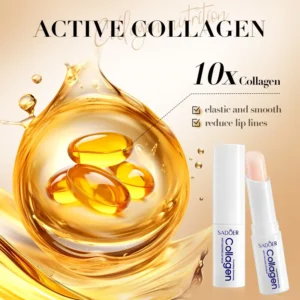 SADOER Collagen Lip Balm showcasing active collagen capsules for elastic, smooth, and hydrated lips.
