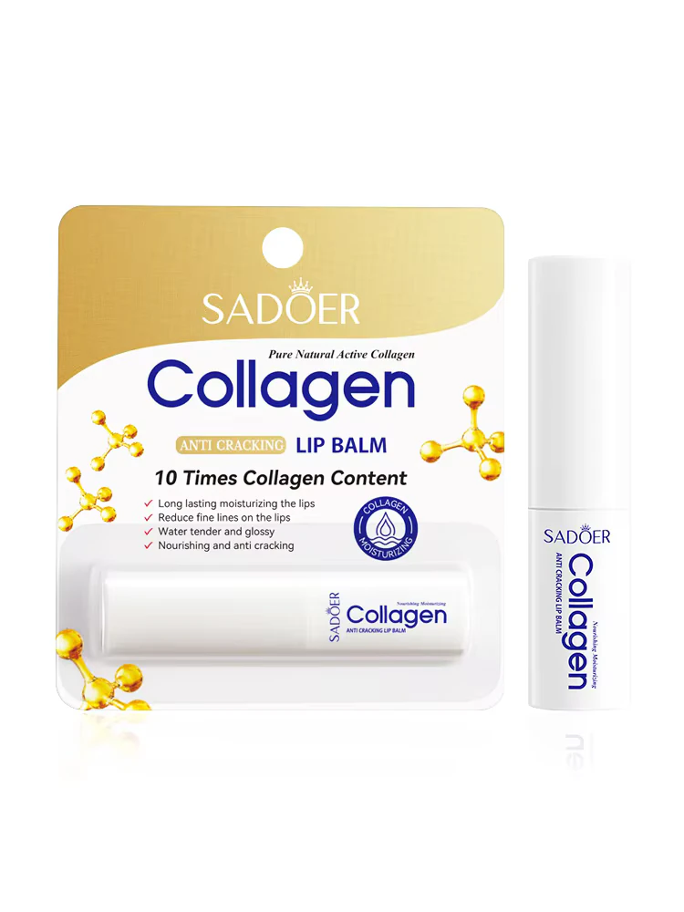SADOER Collagen Lip Balm packaging and white tube for moisturizing lips.
