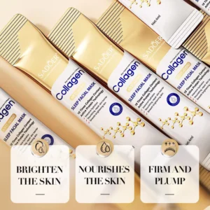 SADOER Collagen Sleeping Face Mask stick-packs featuring skin brightening, nourishing, and firming benefits.