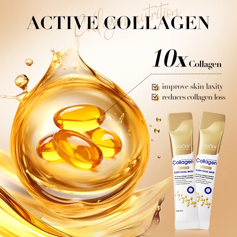 SADOER Collagen Sleeping Face Mask sachets featuring active collagen capsules for overnight skin repair.
