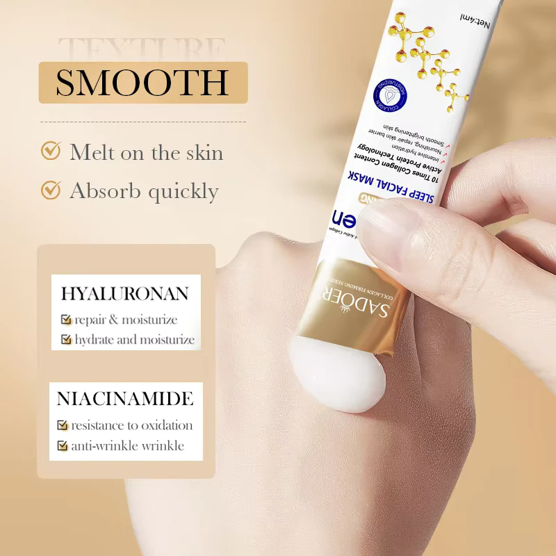 Applying SADOER Collagen Sleeping Face Mask cream from a sachet to show its smooth texture.
