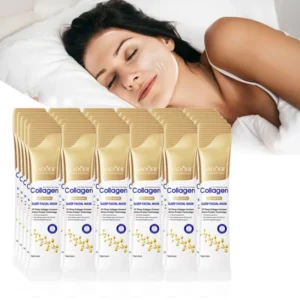 SADOER Collagen Sleeping Face Mask packets with a woman sleeping for overnight skin renewal.