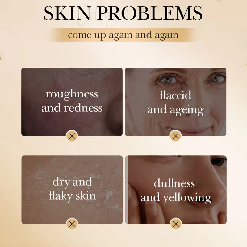 Infographic highlighting skin concerns like dryness and aging addressed by SADOER Collagen Sleeping Face Mask.