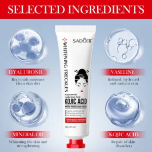SADOER Kojic Acid Hand Cream ingredient infographic featuring Hyaluronic Acid, Vaseline, and Mineral Oil.