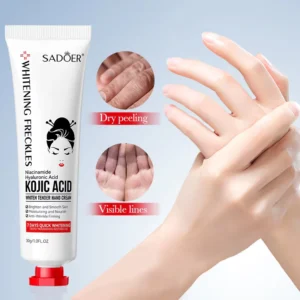 SADOER Kojic Acid Hand Cream showing results for dry peeling and visible lines on hands.