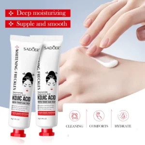 SADOER Kojic Acid Hand Cream tubes and a person applying moisturizing cream to smooth skin.