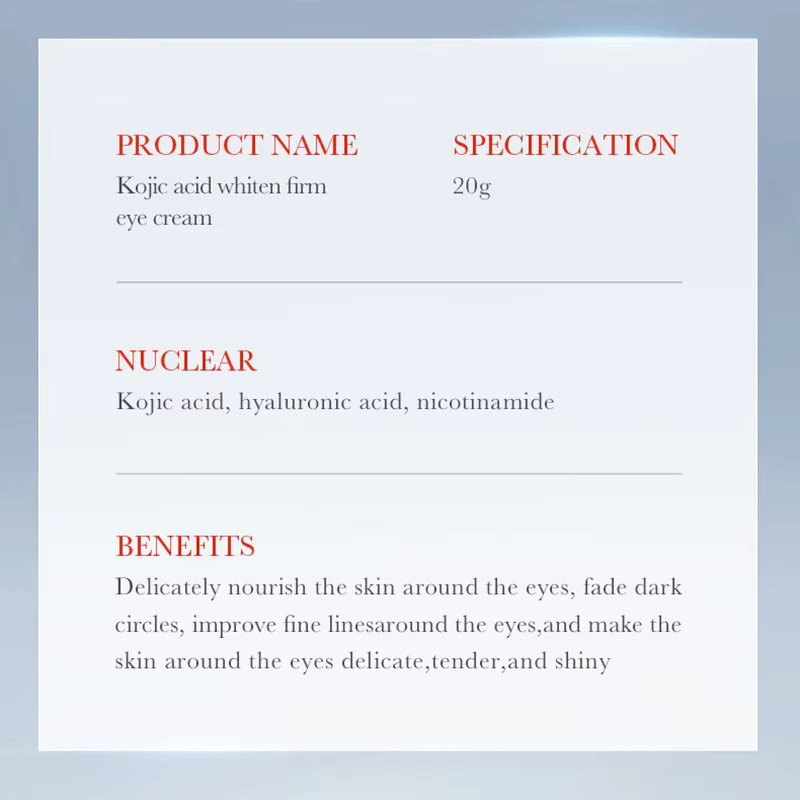 Specification chart for SADOER Kojic Acid Retinol Eye Cream, highlighting key ingredients and benefits.
