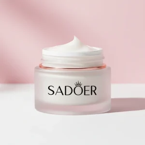 SADOER moisturizer jar photographed with gentle shadows and soft lighting.