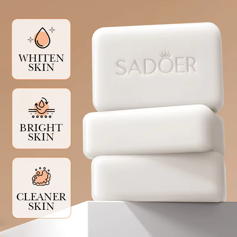 Stacked SADOER Niacinamide Arbutin Soap bars highlighting whitening, brightening, and cleaner skin benefits.
