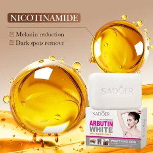 SADOER Niacinamide Arbutin Soap Bar highlighting melanin reduction and dark spot removal benefits.
