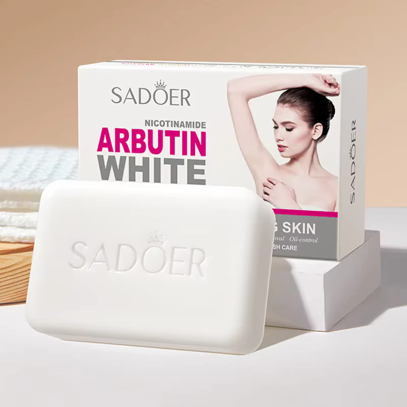 SADOER Niacinamide Arbutin Soap Bar shown with its branded packaging box.