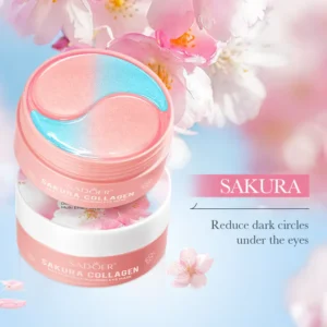 SADOER Sakura Collagen Eye Mask Patches with pink and blue hydrogel gels and sakura flowers.