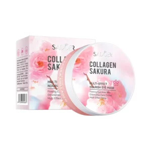 SADOER Sakura Collagen Eye Mask Patches packaging featuring a pink jar and box.