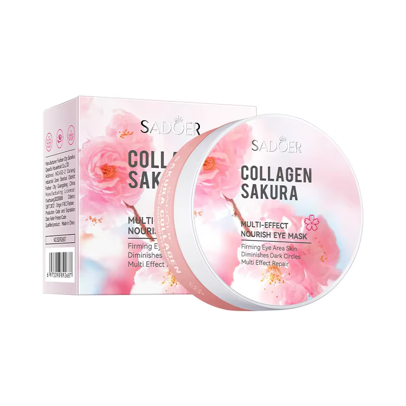 SADOER Sakura Collagen Eye Mask Patches packaging featuring a pink jar and box.