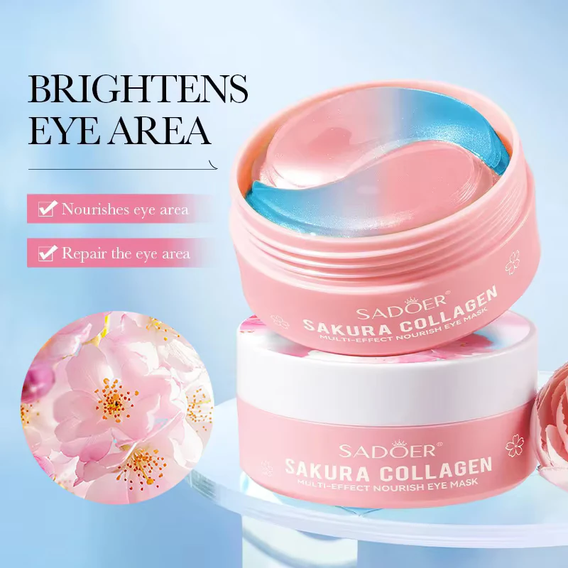 SADOER Sakura Collagen Eye Mask Patches featuring dual-toned hydrogel patches for brightening the eye area.