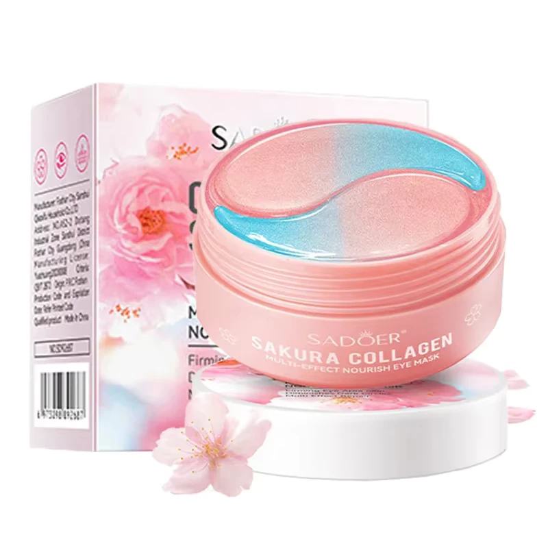 SADOER Sakura Collagen Eye Mask Patches jar and box with pink and blue hydrogel patches.