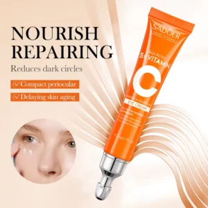SADOER Vitamin C Eye Cream tube with rollerball applicator and model showing under-eye application.