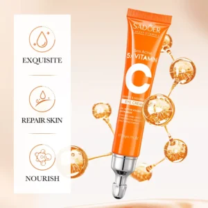 SADOER Vitamin C Eye Cream orange tube with metal applicator and molecular skin-nourishing graphics.