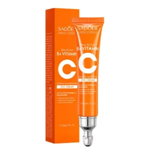 SADOER Vitamin C Eye Cream packaging and orange tube with a built-in massage rollerball applicator.