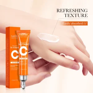 SADOER Vitamin C Eye Cream packaging and refreshing white cream texture shown on a hand.