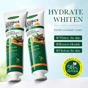 Two tubes of SADOER Vitamin C Licorice Hand Cream highlighting hydrating and skin-brightening benefits.