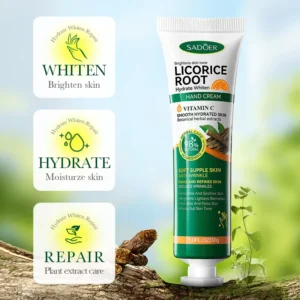 SADOER Vitamin C Licorice Hand Cream tube highlighting whitening, hydrating, and plant-based repair benefits.
