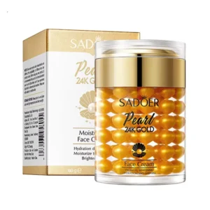 SADOER 24K Golden Pearl Face Cream jar with golden pearl capsules and product box.