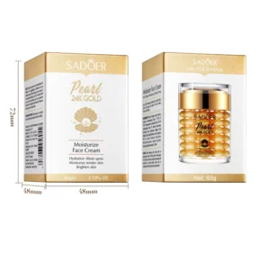 SADOER 24K Golden Pearl Face Cream packaging featuring box dimensions and gold pearl jar.