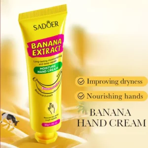 SADOER Banana Extract Hand Cream tube featuring banana extract for nourishing and repairing dry hands.