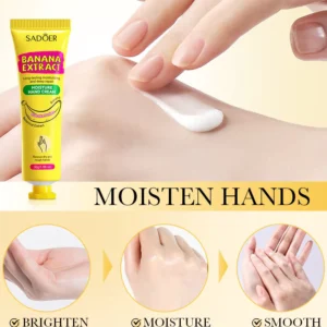 SADOER Banana Extract Hand Cream application demonstrating brightening, moisturizing, and smoothing benefits for dry skin.