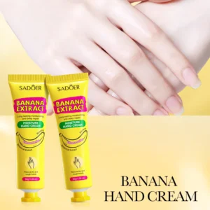 Two tubes of SADOER Banana Extract Hand Cream displayed with smooth, moisturized hands.