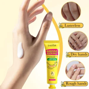 SADOER Banana Extract Hand Cream tube showing moisturizing benefits for dry, rough, and lusterless hands.