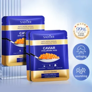 SADOER Caviar Hyaluronic Acid anti-aging Face mask sachets with nourishing caviar extract.