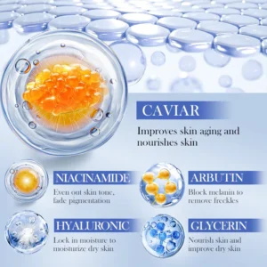 Infographic of SADOER Caviar Hyaluronic Acid Face Sheet Mask key ingredients and their skin-nourishing benefits.