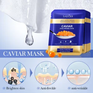 SADOER Caviar Hyaluronic Acid Face Sheet Mask featuring skin brightening, anti-freckle, and anti-wrinkle diagrams.